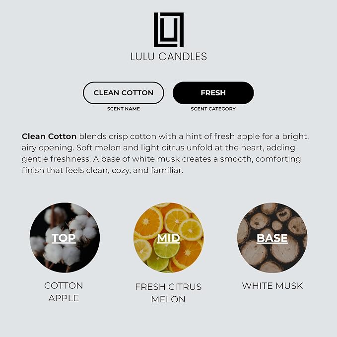 Lulu Candles | Clean Cotton | Luxury Scented Soy Jar Candle | Hand Poured in The USA | Highly Scented & Long Lasting - 6 Oz.