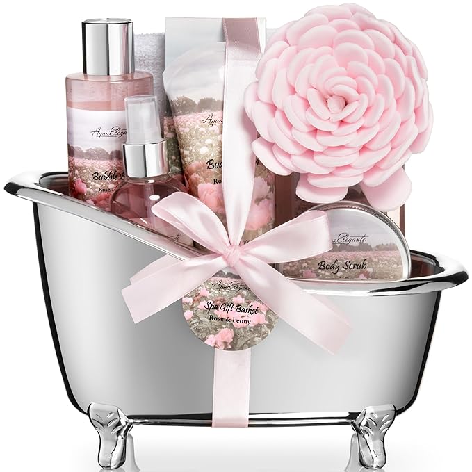 Aqua Elegante Spa Gift Basket - Luxury Bath Set with Body Wash, Bubble Bath, Lotion, Salts, Scrub, Spray, Shower Puff, Towel, Gifts for Women, Mom, Wife, Her - Rose Oil & Peony