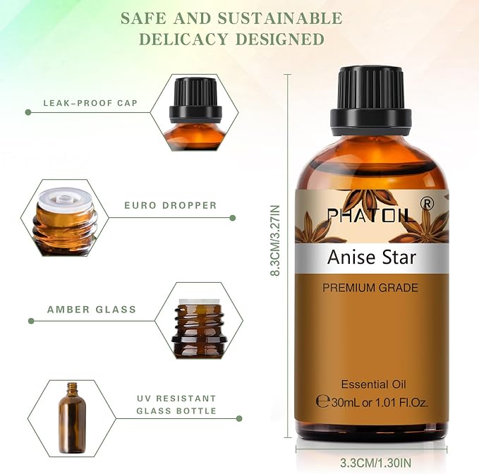 Anise Star 1.01fl.oz Essential Oil, PHATOIL Pure Aromatherapy Oils for Diffuser, Humidifier, Perfect for DIY Soap, Candle, Bath Bombs Making(30ml)