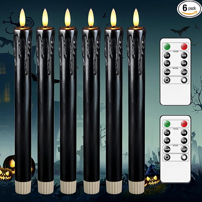 Lezonic Black Flameless Taper Candles Battery Operated with Remote, Long LED Candlesticks Flickering Real Wax Set of 6, 9.5 inch Battery Candles with Realistic 3D Flame for Halloween