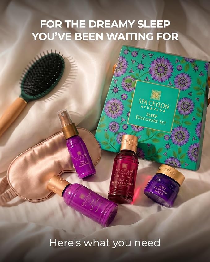 Spa Ceylon Ayurveda Sleep Discovery Set – 4-Piece Natural Bedtime Gift Set with Lavender, Ylang Ylang & Patchouli – Shower Gel, Body Milk, Pillow Mist & Hydrating Butter