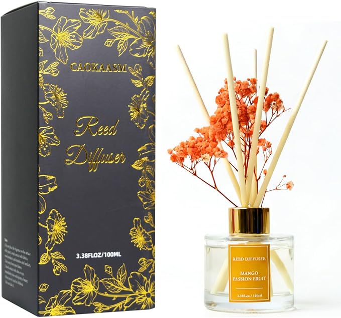 Reed Diffuser Set-Mango &Passion Fruit Scent Fragrance Oil Diffuser with 6 Reed Sticks | Home & Bedroom Bathroom Decor,3.38 fl oz (100ml)