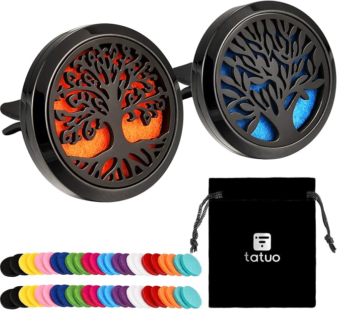 Tatuo 2 Pieces 316l Car Aromatherapy Essential Oil Diffuser Air Freshener Vent Clip with 48 Felt Pad Gift for Women Men Birthday Mother's Day(Tree Patterns)