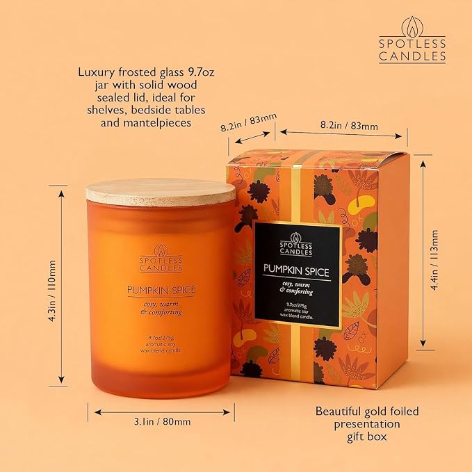 Pumpkin Spice Candle; 9.7 oz:, 55 Hrs Burn Time, Soy Wax Orange Frosted Jar with Crackling Wooden Wick & Luxury Gift Box: Pumpkin Spice Scented Candle by Spotless Candles
