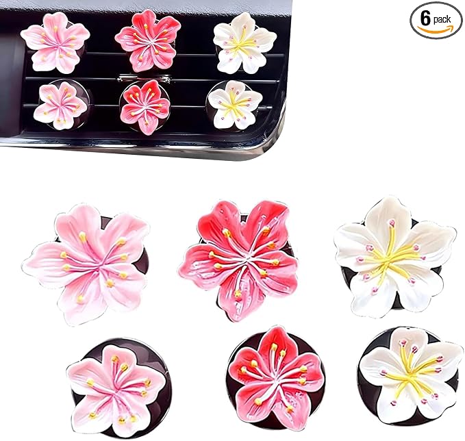 6 PCS Flower Car Air Vent Clips, 3D Stereo Peach Blossom & Cherry Blossom Decoration, A/C Straight Outlet Diffuser for Women & Girls, Interior Accessory for Most Cars (Multicolored)
