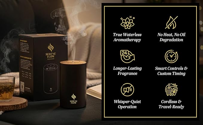 Waterless Essential Oil Diffuser, battery-operated cordless aromatherapy diffuser with timer & 3 mist levels. For car, home, office, yoga studio, nursery, bedrooms, and pet areas. Black aluminum alloy