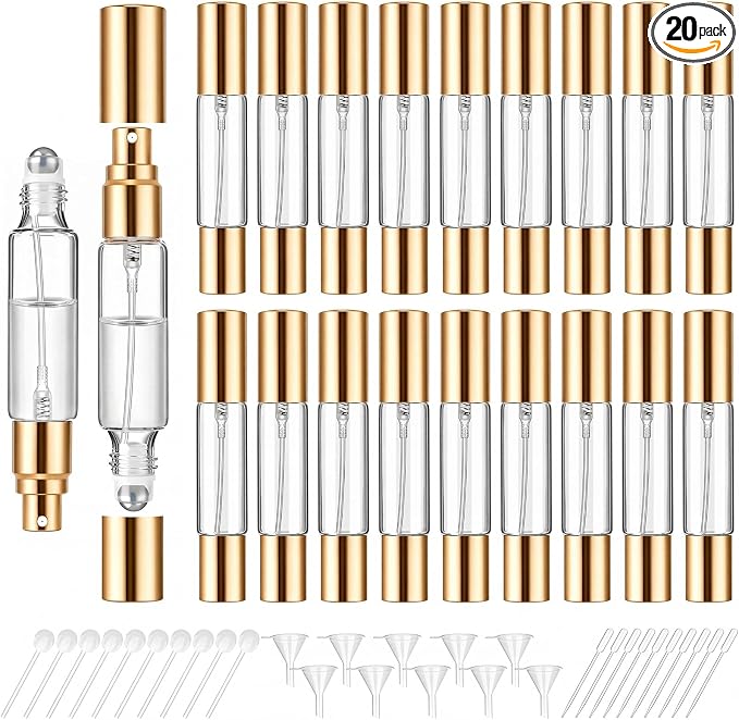 Domensi 20 Pack 10ml Dual-head Perfume Roller Bottles for Essential Oils, Travel Refillable Bottles with Roller Ball & Spray, Leakproof Travel Atomizer with Funnel Tool(Clear)