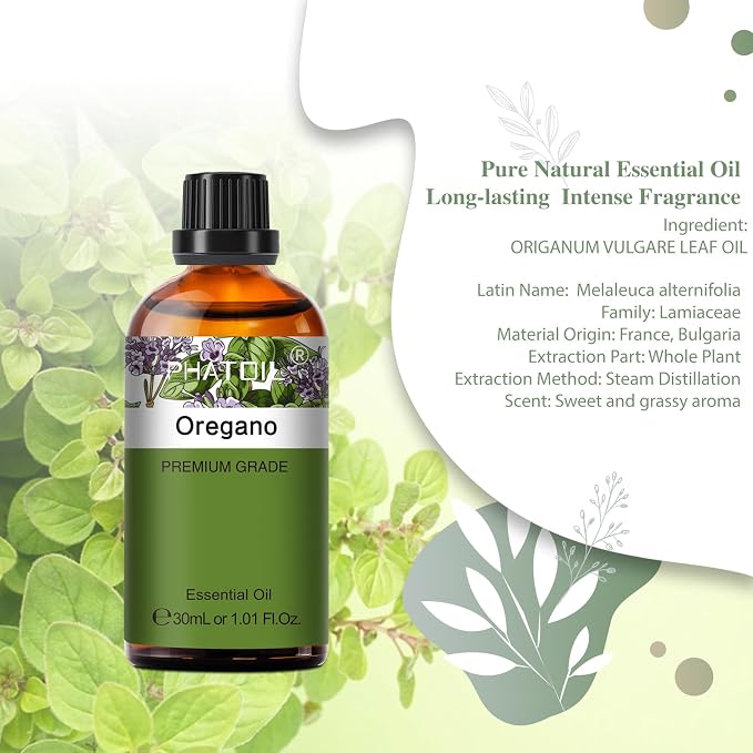 Oregano 1.01fl.oz Essential Oil, PHATOIL Pure Aromatherapy Oils for Diffuser, Humidifier, Perfect for DIY Soap, Candle, Bath Bombs Making(30ml)