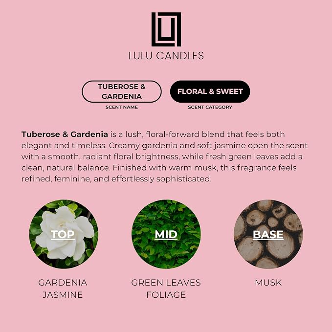 Lulu Candles | Tuberose & Gardenia | Luxury Scented Soy Jar Candle | Hand Poured in The USA | Highly Scented & Long Lasting (9 Oz.)