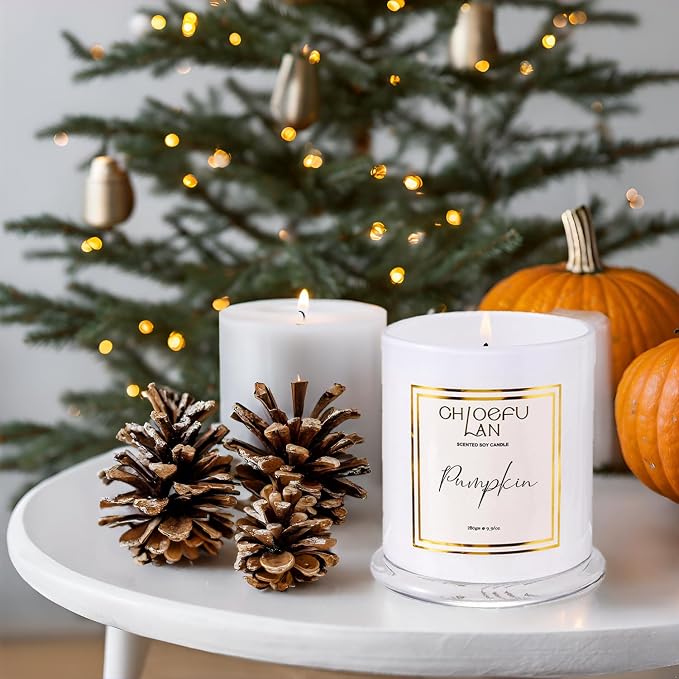 Pumpkin Candle, Fall Candles for Home Scented, Halloween Gifts for Women & Men, Natural Soy Scented Candles, Holiday Autumn Gift, Luxury Glass Jar, 75 Hours Long Burning, 10 oz