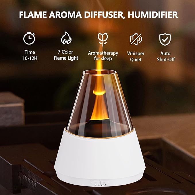 Flame Essential Oil Diffuser, Upgrade 7 Colour Lights Aromatherapy Diffuser, Oil Diffuser, Air Humidifier, Aroma Diffusers for Home, Bedroom, Office, Yoga, Timer & Waterless Auto Off (White)