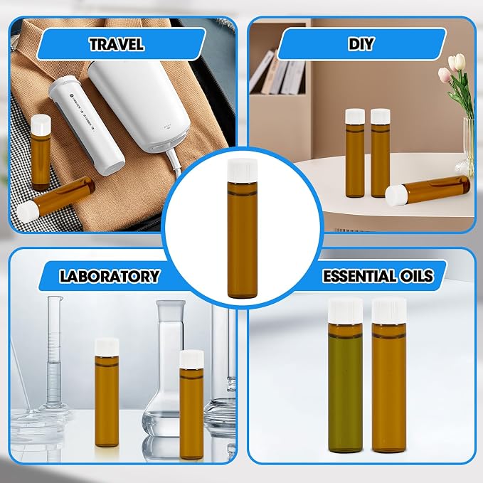 12PCS 7ml Amber Glass Vials with White Screw Caps and Plastic Stoppers, 2 Dram Leak-Proof Small Liquid Sample Bottles for Essential Oils, Perfumes, Reagents