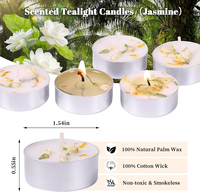 Jasmine Scented Tealight Candles -64 Pack - 4-Hour Palm Wax White Tea Lights, Plant Dried Flower Scented Tea Candles (Paraffin-Free), Votive Candle for Home/Yoga/Bath/Meditation