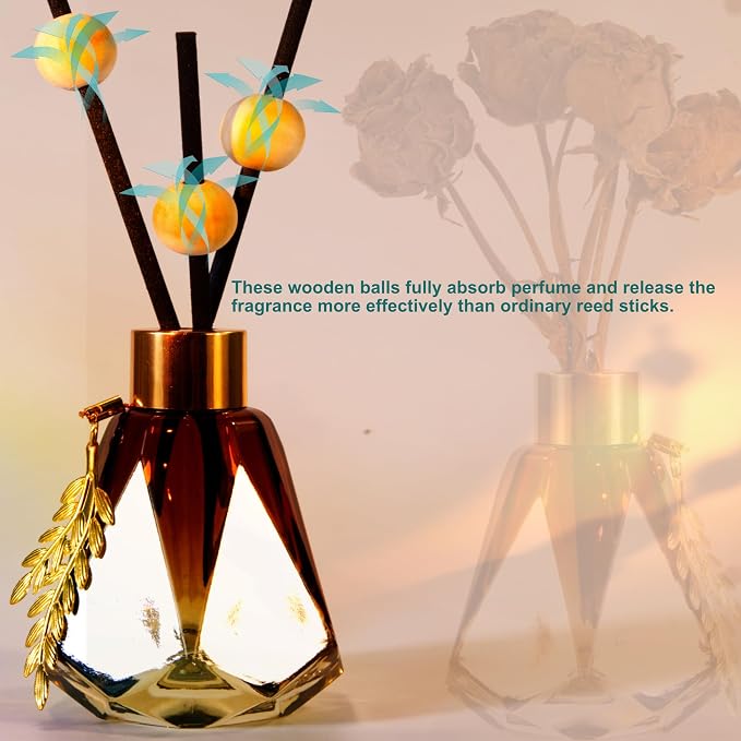 Meinvcisi 4 Empty Fragrance Glass Diffuser Bottles, Refillable Diffuser Bottles with 20pcs Reeds Sticks &12 Wood Balls&4 Metal Leaves, Reed Diffuser Set, Diamond Style,60ML, Gradient Brown.