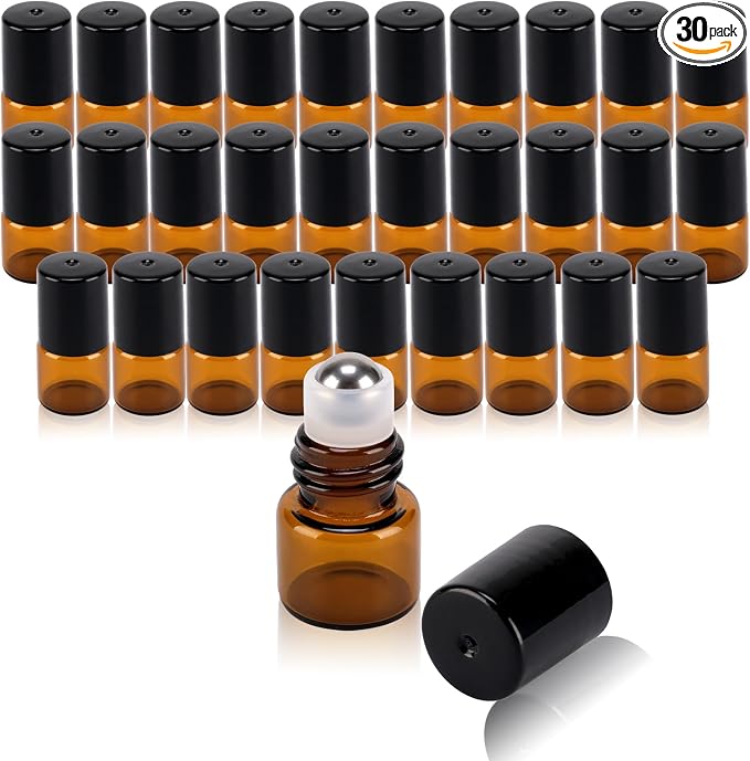 30 pack 1ml Amber Glass Roller Bottles for Essential Oils Refillable Roll-on Applicator with Stainless Steel Roller Balls Mini Leak-proof Makeup Containers with Pipettes and Bottle Opener