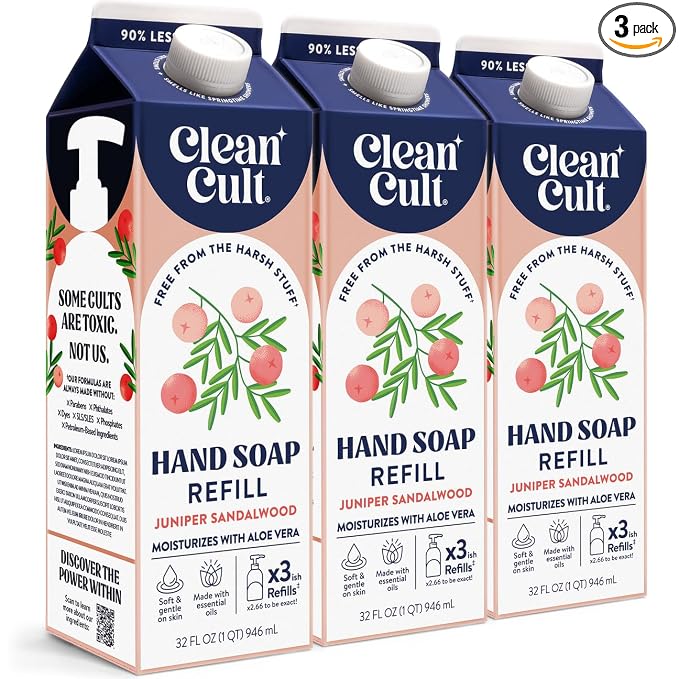 Cleancult Liquid Hand Soap Refill - Juniper Sandalwood - Moisturizes Dry & Sensitive Skin - Made with Aloe Vera & Essential Oils - Eco Friendly - Paper-Based Packaging - 32 oz/3 Pack