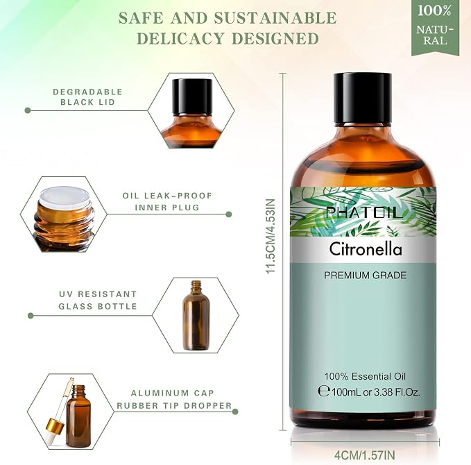 PHATOIL 100ML Citronella Essential Oil, for Aromatherapy Diffusers, Humidifiers, Great for DIY Candle and Soap Making, Gift for Friend