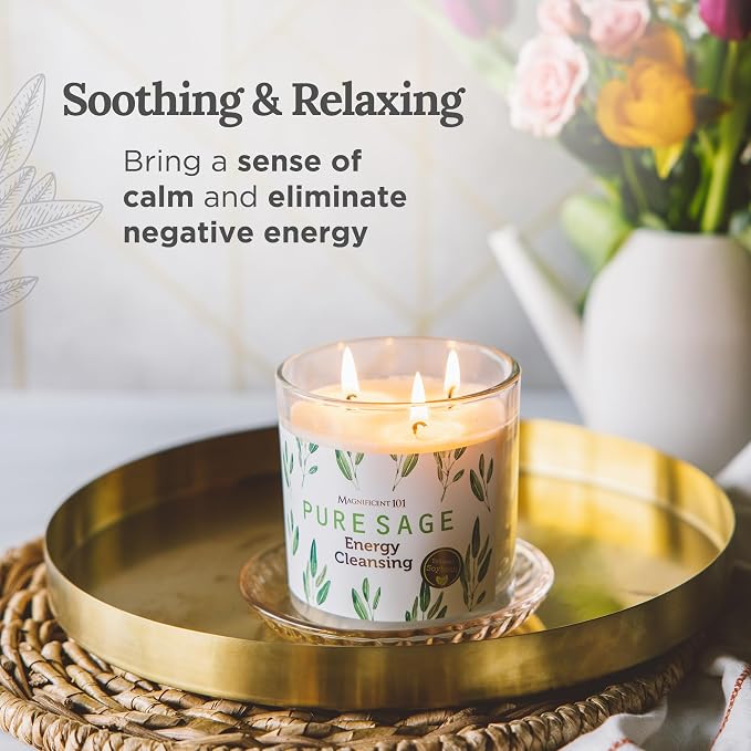 Magnificent 101 Pure Sage Energy Cleansing Aromatherapy Glass Candle for Meditation, Manifestation, and Intention-Setting - 14.5 oz Natural Soy Wax and Essential Oil | 56-Hour Burn Time