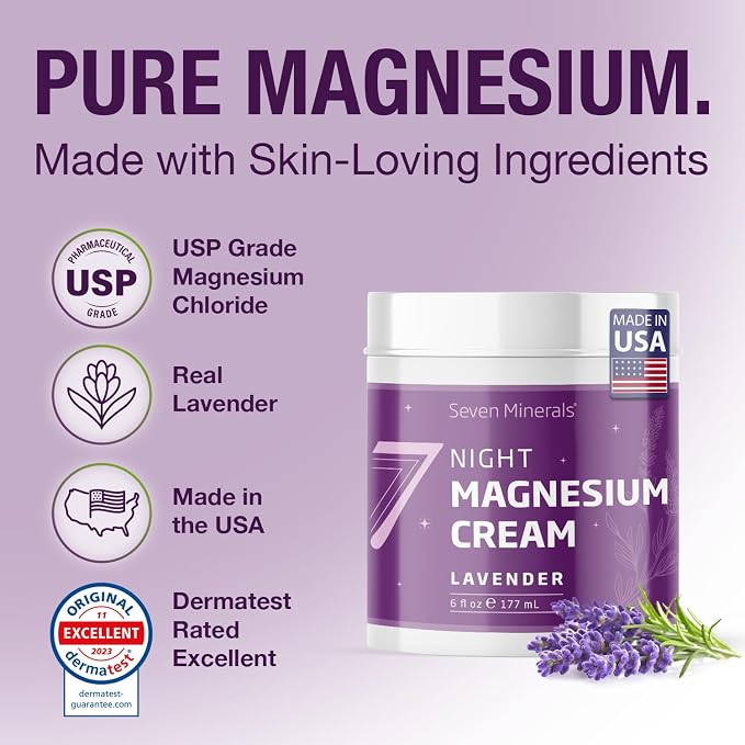 Seven Minerals Magnesium Cream for Sleep with All-Natural Lavender - Extra Strength Magnesium Lotion for Sleep, Pain & Stress - Relaxing Blend for Legs, Feet, Muscles, & Joints, 6 fl oz
