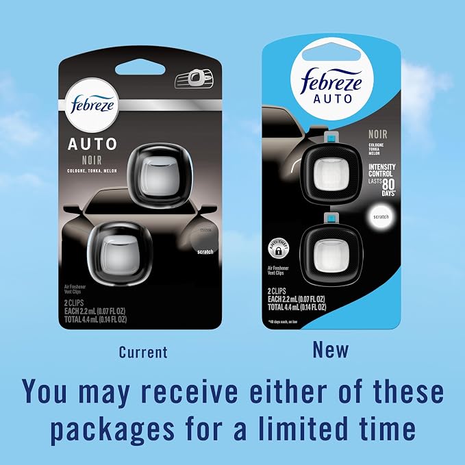 Febreze AUTO Air Freshener, Odor-Fighting Automotive Vent Clip, Noir Scent, 8 Count