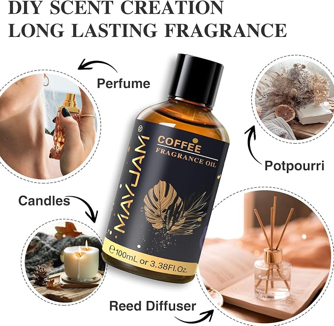 MAYJAM 100ML/3.38FL.OZ Coffee Fragrance Oils with Glass Dropper, Essential Oils for Diffusers, Long Lasting Scented Oils for Soap Candle Making