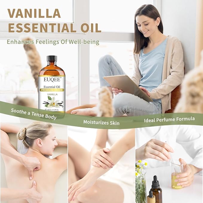 EUQEE Vanilla Essential Oil 118 ml Premium Vanilla Oil with Glass Dropper, Great for Diffusers, Aromatherapy, Candle Making, DIY Soap - 4Fl.Oz