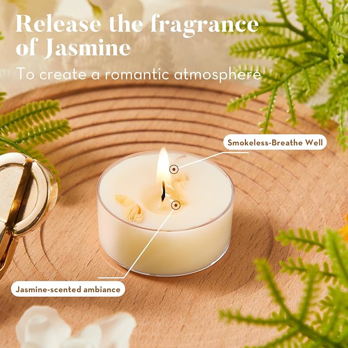 Ashlux Acrylic Jasmine Soy Wax Scented Tea Lights, 16-Pack Bulk – 4-Hour Long Burning, Non-Paraffin, Smokeless,Tealight Candles for Weddings, Table Centerpieces, Home Decor & Christmas