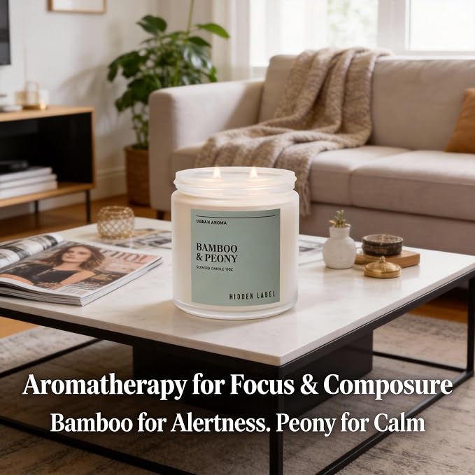 Hidden Label Bamboo & Peony Soy Candle, 12oz 2-Wick, 70H Burn | Japandi Décor Frosted Glass, Clean Aromatherapy for Focus & Calm, Stress Relief, Gift-Ready with FSC Packaging