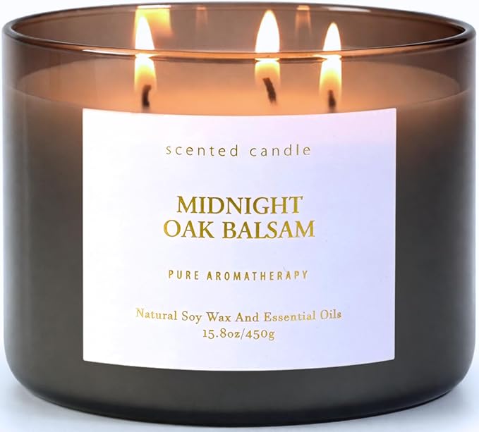 Midnight Oak Balsam 3-Wick Scented Candle | 15.8 oz Large Balsam Cedar Woodsy Soy Wax Candle for Home | Forest Calming Scented Candle | Clean Burning, Long Lasting | Candle Gift for Men & Women
