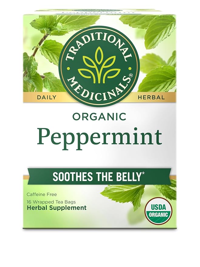 Traditional Medicinals Organic, Peppermint Tea - Helps Soothe Belly from Occasional Gas and Bloating - Kosher, Non-GMO, Caffeine-Free, Compostable - 16 Tea Bags