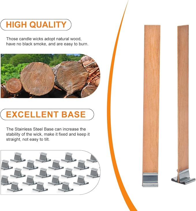 Wood Wicks for Candles Making with Case, Wooden Wicks for Candlemaking 5.1 X 0.5 Inch Smokeless Long Lasting Flame Natural Wood Candle Wick with Candle Wick Trimmer, Metal Base for DIY Candle(50 Sets)