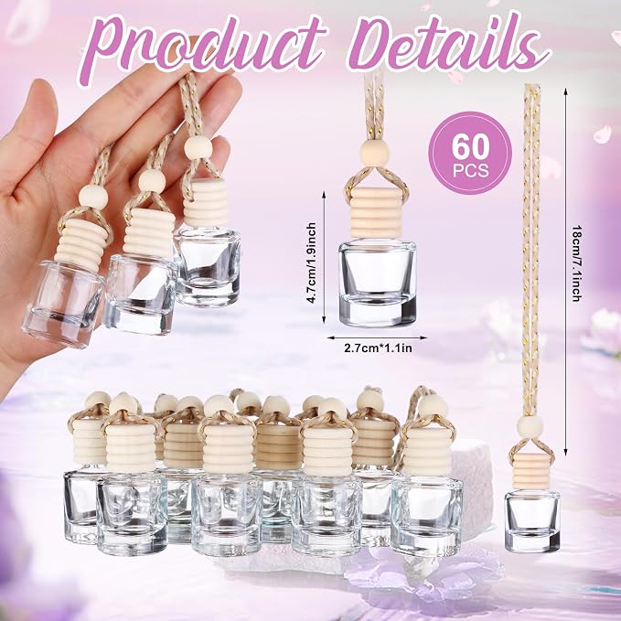 60 Pcs Hanging Car Air Freshener Car Diffuser Bottle Empty Glass Perfume Air Freshener Diffuser Bottle Pendant for Essential Oils Fragrance Aromatherapy Ornament Decor (Cylinder Style)