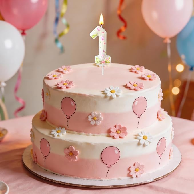 Number 1 Birthday Candle for Cake – Goose Inspired Design with Floral, Balloon & Leaf Details – Farm Theme Cake Topper for Birthday Party Decoration