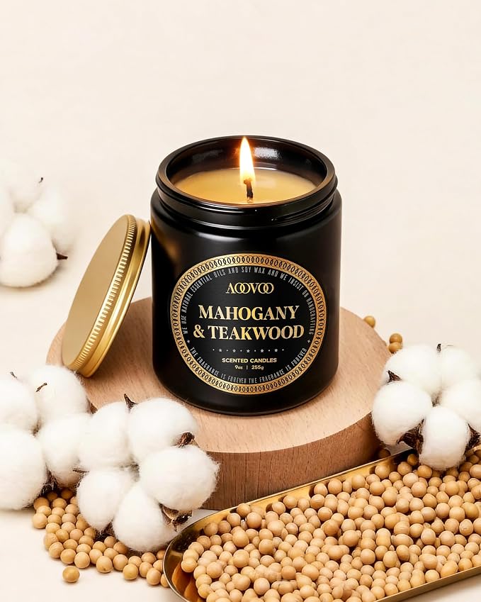 AOOVOO Scented Candles Set for Men - 2 Pack Mahogany & Teakwood Candles for Home Scented | Soy Candles | Strong Fragranced Masculine Black Candle Gift for Women & Men, 18oz