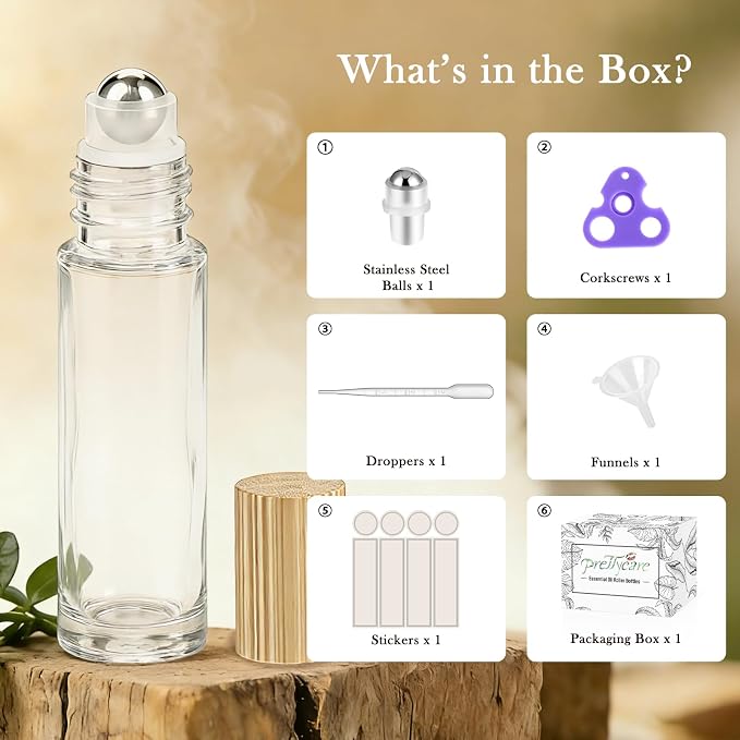 PrettyCare 4 Pack, 10 ml Essential Oil Roller Bottles with Stainless Steel Roller Ball - Refillable Leak-proof Empty Thick Clear Glass Roll on Bottles with Bamboo Caps for Travel, Perfume