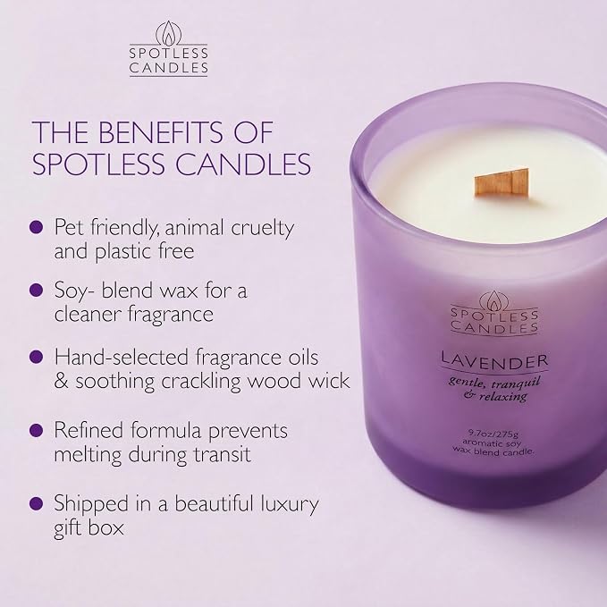 Lavender Candle; 9.7 oz:, 55 Hrs Burn Time, Soy Wax Purple Frosted Jar with Crackling Wooden Wick & Luxury Gift Box: Lavender Scented Candle by Spotless Candles