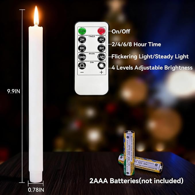 Flameless Taper Candles 9.9 Inch Battery Operated – 6 Pack Beige Realistic Flickering Flame Remote Control Dimmable LED Candles with Timer for Chandelier Candelabra Wedding Holiday Decor