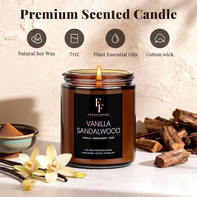 Vanilla Sandalwoods Scented Candle for Home Soy Wax Candle, Aromatherapy Candle Gift for Women Men, 7oz