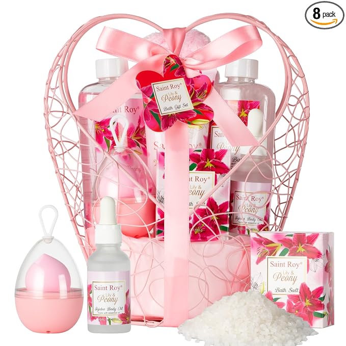 Spa Gift Basket Gifts for Mom Gifts Basket Christmas Gifts for Women Spa Set Lily & Peony Home Spa Set, Beauty Personal Care Set Jojoba Oil, Spa Self Care Kit, Bath Body For Thank You, Birthday