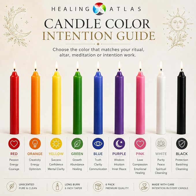 White Spell Candles 6 Inch, 6 Pack Unscented Taper Candles for Rituals & Altars by Healing Atlas