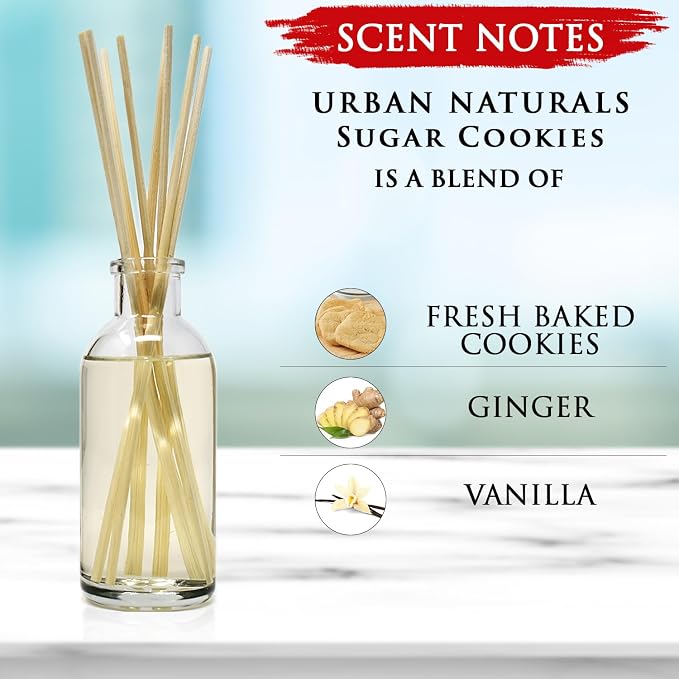 Urban Naturals Sugar Cookies Reed Diffuser Oil Set | Freshly-Baked, Buttery Cookie with Ginger Vanilla Frosting | Great Kitchen Scent | Made in the USA