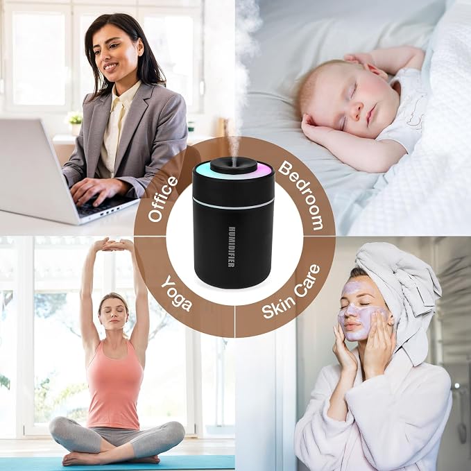 Small Mini Humidifier, USB Desk Cool Mist Humidifier Personal Portable Quiet Table Desktop Humidifiers for Cooling Home Office Car Summer Travel (180ml, Black)