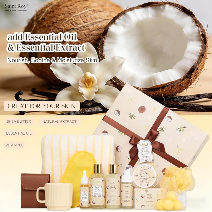 33Pcs Coconut Vanilla Spa Bath Gift Basket for Women & Men, Skin Care Set | Large Bath & Body Set, Self Care Pamper Kit, BODY WASH GIFT, Birthday, Christmas, Valentines, Mother Day, Anniversary