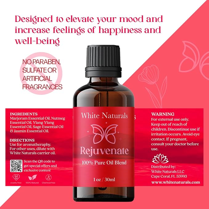 White Naturals Rejuvenating Essential Oil Blend – Energizing Aromatherapy Oil for Skin and Mind, 100% Pure & Natural Essential Oils for Relaxation, Focus & Mood Boost, 1oz