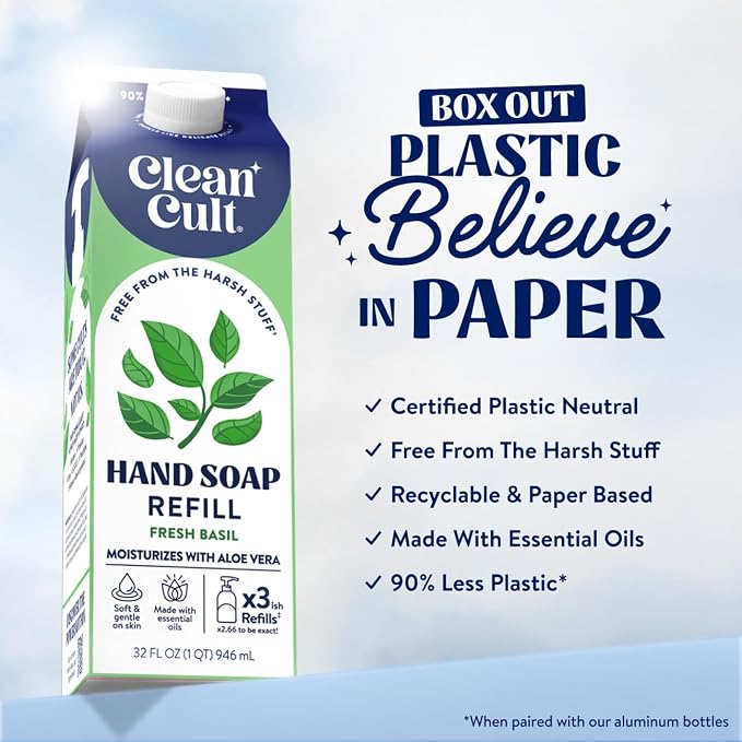 Cleancult Liquid Hand Soap Refill - Fresh Basil - Moisturizes Dry & Sensitive Skin - Made with Aloe Vera & Essential Oils - Eco Friendly - Paper-Based Packaging - 32 oz/3 Pack