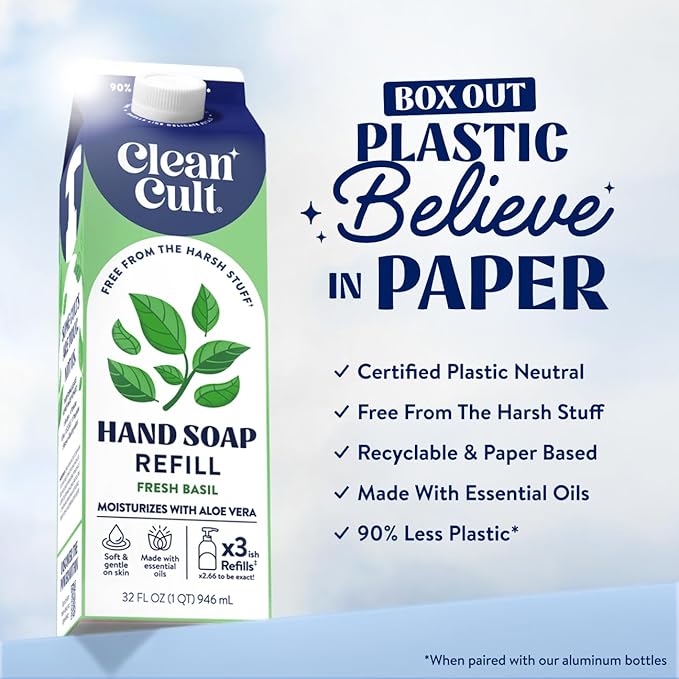 Cleancult Liquid Hand Soap Refill - Fresh Basil - Moisturizes Dry & Sensitive Skin - Made with Aloe Vera & Essential Oils - Eco Friendly - Paper-Based Packaging - 32 oz/2 Pack