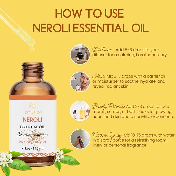 Neroli Essential Oil Organic for Skin Diffuser Room Spray, 100% Pure Bitter Orange Blossom Essential Oil Neroli 4 Oz