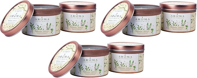Aroma Naturals Tin Candle with Patchouli and Frankincense Essential Oil Natural Soy Scented, Meditation, 2 Count (Pack of 3)
