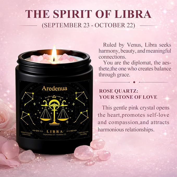 Libra Birthday Gifts Candle for Women | Zodiac Scented Candle with Rose Quartz Crystals - Warm & Cozy Scented Natural Soy Candle 7oz 50-Hour Burn, Healing Aromatherapy Candle for Relaxation Meditation