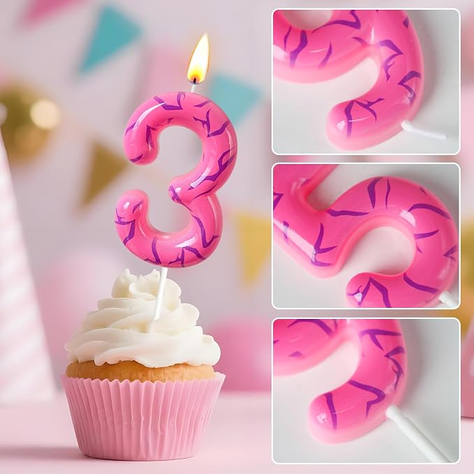 Number 3 Birthday Candle for Cake – Pink Gradient Number Candle with Mystic Rune Pattern, Decorative Cake Topper for Anniversary & Celebration